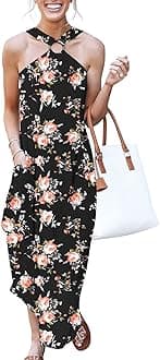 ANRABESS Women Summer Halter Neck Sundress Sleeveless Split Side Casual Beach Travel Vacation Maxi Long Dress with Pockets