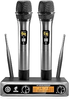 Wireless Microphones, Metal Dual Professional UHF Cordless Dynamic Mic Handheld Microphone System for Home Karaoke, Meeting, Party, Church, DJ, Wedding, Home KTV Set, 200ft, TW-820 Silver