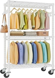 VIPEK V12M Heavy Duty Rolling Clothes Rack 3 Tier Adjustable Clothes Rack with Double Rod & Hook Freestanding Wardrobe Closet Storage Rack Metal Garment Rack Clothes Hanging Rack White