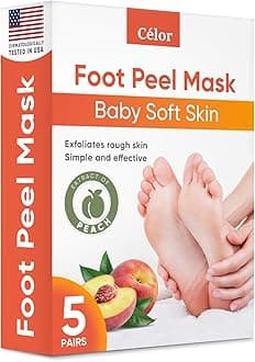 CÉLOR Foot Peeling Mask for Dry Cracked Feet | Foot Mask to Exfoliate Rough, Cracked, Dry Feet, Calluses for Soft Baby Feet Results | Made with Aloe Vera Extract for Women & Men (5 Pairs) | Peach