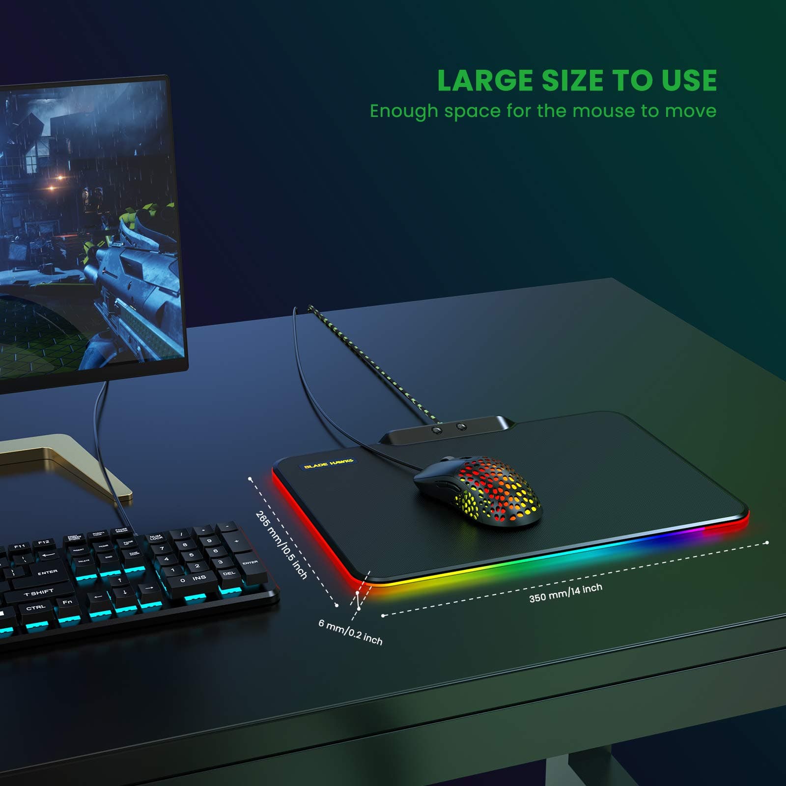 Blade Hawks RGB Gaming Mouse Mat Pad, LED Mouse Mat with Non-Slip Rubber Base, 9 Lighting Models, 14″ x 10.5″ x 0.2″ Large Computer Pad for Gamer Office Home