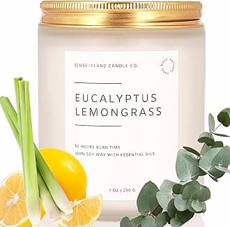 SENSE ISLAND Euclyptus Lemongrass Scented Candle for Home Scented 50+ Hrs Highly Scented Refreshing Citrus | 100% Natural Soy Candle Gifts for Women Highly Scented House Warming Gifts