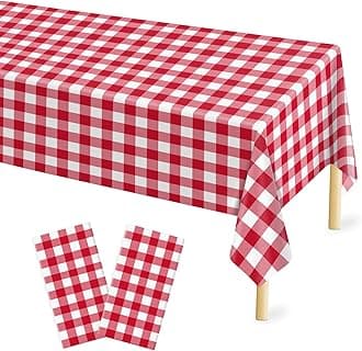 Mulbozy 2 Pcs Red and White Checkered Tablecloth, 54 × 108 inches Disposable Red Plaid Table Covers Plastic Gingham Tablecloth for Outdoor Picnic Birthday Baby Shower Holdiay Party Decoration