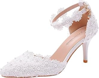 Women High Heels Sandals White Lace Pearls Wedding Shoes Pointed Toe Bridal Shoes