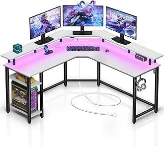 Rolanstar L-Shaped Gaming Desk with LED Lights, Power Outlets, Corner Computer Desk with Storage Shelves - PC Writing Table for Home Office, White (135x135x86cm)