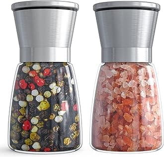 Salt and Pepper Grinder Set - Refillable Grinder Adjustable Coarseness of Pepper Salt Spice Stainless Steel Mills Glass 6oz（2 Pack）
