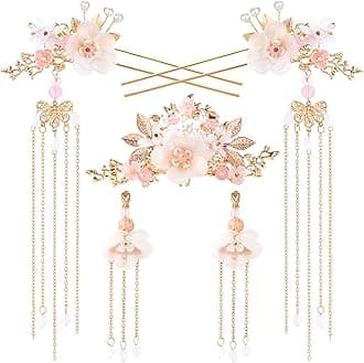 5PCS Silk Flower Tassels Hairpin, Crystal Rhinestone Pearl Hair Clips Headpiece Retro Flower Chinese Hanfu Wedding Brides Hair Accessories Jewelry for Women Girls Updo Long Hair