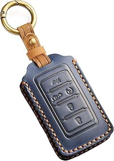 EASYANT Leather Key Fob Cover for Jeep 2021-2024 Grand Cherokee L Grand Wagoneer Key Case Protector keychain Smart Key Holder Blue