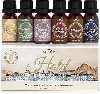 Fragrance Oils Hotel Set—Santal, Luxury Night, White Tea & Thyme, Gardenia Bloom, Dream Walk, Citrus Amber, Essential Oils for Diffuser, Candle & Soap Making, Luxury Diffuser Oils Scents