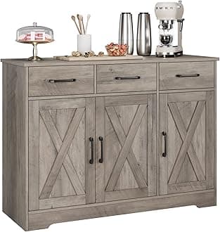 Modern Farmhouse Buffet Sideboard Cabinet, Barn Doors Storage Cabinet with Drawers and Shelves, Wood Coffee Bar with Storage for Dining Room, Kitchen, Living Room, Ash Grey
