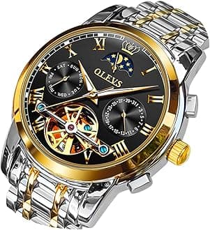 OLEVS Men's Watch Leather Skeleton Automatic Mechanical Tourbillon Calendar Moon Phase Luminous Waterproof Luxury Business Wristwatch
