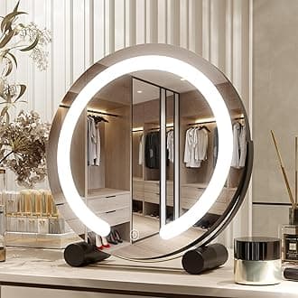 PRIMETEK Vanity Mirror with Lights, 13 inch LED Lighted Makeup Mirror, Round Makeup Mirror with Lights, Touch Screen, 3-Color Lighting, 5X Magnification, for Vanity Desk Tabletop, Bedroom, Black