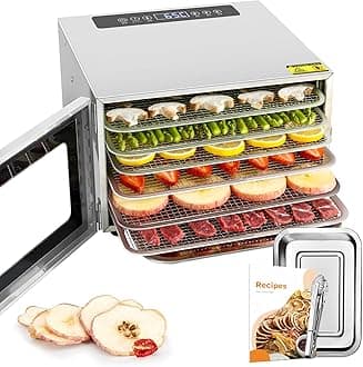 Stainless Steel Food Dehydrator, 6 Tray Fruit Dryer Machine with Free Recipe Book, BPA-Free, 30~90℃ Temperature Setting, Max 24h, Dehydrator Food Dryer UK for Vegetables, Meats, Chili-400W