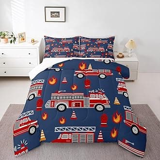 Feelyou Cartoon Car Bedding Set Fire Truck Comforter Set for Kids Boys Girls Teens Room Decor Firefighter Comforter Firemen Car Vehicle Fire Engine Blue Red Duvet Set 3Pcs Queen Size