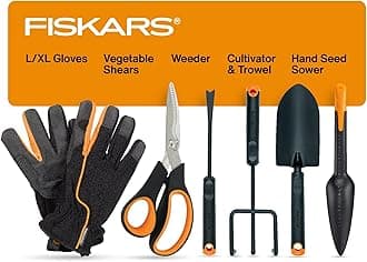 Fiskars Vegetable Garden Tool Set with Vegetable Shears, Seed Sower, Trowel, Cultivator, Weeder, and L/XL Garden Gloves for Indoor or Outdoor Gardening (6 Piece Kit)