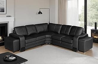 Genuine Leather Corner Sofa with 2 Ottomans – L Shaped Sofa Corner for Family, Modern Leather Sofa with Footstools, Spacious and Comfortable Sectional Sofa, Large Black Corner Sofa - SAN FERNANDO