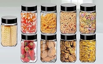 Piramal Glass Cubical Square 300ml Transparent Glass Jars & Containers for Kitchen Pantry -Storage with Black Plastic Lid (300ml, Set Of 9)