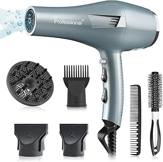 Ionic Salon Hair Dryer, Professional Blow Dryer AC Motor Fast Drying with 2 Speed, 3 Heat Setting, Cool Button, with Diffuser, Nozzle, Concentrator Comb for Curly & Straight Hair-Blue