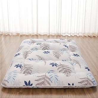 Japanese Floor Mattress, Futon Mattress with Portable Storage Bag and Washable Cover, Roll Up Thick Tatami Mat Suitable for Camping, Guest Room, White Leaf, Twin