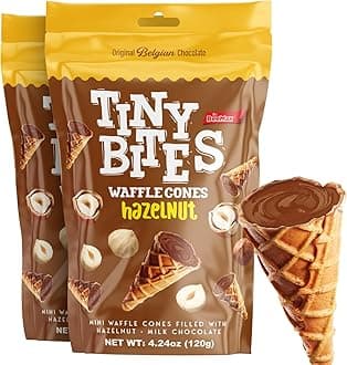BEEMAX Tiny Bites Hazelnut Mini Waffle Cones, Perfect Blend of Crispy Filled with Milk Chocolate, Bite-Sized Snack for Dessert or Ice Cream Toppings, 4.24 oz Bag, 2-Pack