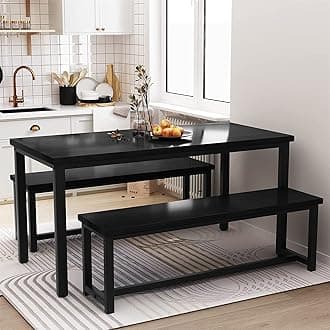 Dining Room Table Set with 2 Benches, Farmhouse Dining Table Set for 4-6, Wood Breakfast Table Set Dinner Table Set Kitchen Table and Chairs for Breakfast Nook Small Spaces, Black