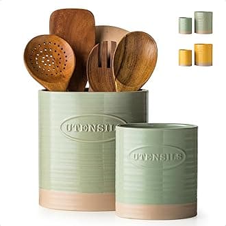 Kitchen Utensil Holder, 6.7"+5.1" Ceramic Utensil Holder for Kitchen Counter, Oval Cooking Utensil Crocks for Countertop, Utensil Storage Organizer Set of 2, Green