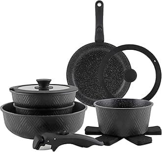 Country Kitchen Cookware Set with Removable Handle, Oven & RV Safe Pots and Pans Set, Black Rhombus, Original