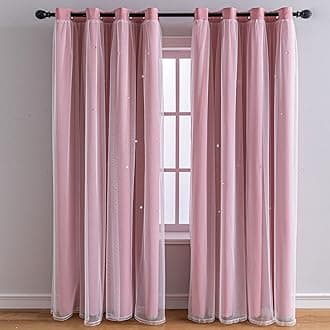 FANLI 2 Panels Star Blackout Curtains for Kid Girls Bedroom Living Room Darking Stripe Double Layer Star Cut Out Wall Home Decor Gradient Grommet Window Curtains (Pink 63L)