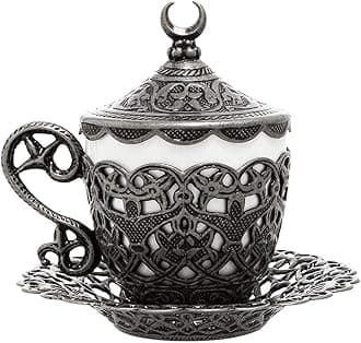 (1 Pc Turkish Coffee Cup - Traditional Design with Crescent Motif, Porcelain Cup and Saucer for Turkish, Greek, Arabic Coffee and Espresso (Gelincik) (Black)