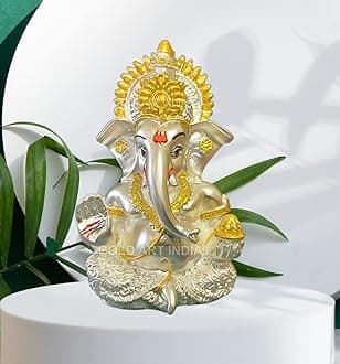 Gold Art India 999 Silver Plated Ganesha/Vinayaka/Vinayagar/Pillayar Idol Car Dashboard/Gifting/Home & Office Decor 3.5 inches (Silver) (Silver Matte), Idol
