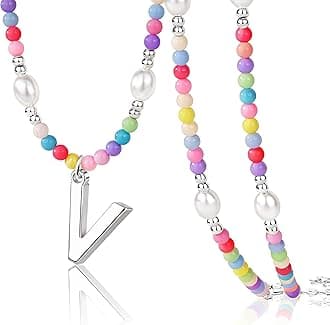 Easter Basket Stuffers for Teen Girls Kids Women, Initial Necklace for Little Girrs Bulk, Colorful Beaded Pearl Choker with Letter Pendant, Cute Personalized Jewelry Gift for Easter, Party, Birthday