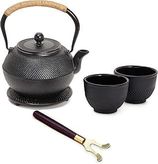 Juvale Cast Iron Teapot - 1200 mL, Black, 2 Cups - Japanese Tea Set with Stainless Steel Infuser & Stovetop Kettle for Loose Leaf Tea