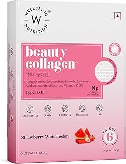 WELLBEING NUTRITION Beauty Korean Marine Collagen|Type 1 & 3 Peptides, Hyaluronic Acid, Astaxanthin, Biotin, Vit C|Hydration, Elasticity, Hair Growth|Strawberry Watermelon 6 Sachets, 1 count, 48 grams