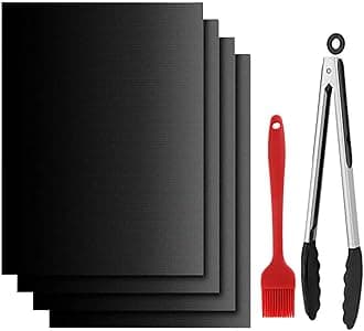 Dailyart Grill Mats Set of 4 with 13" BBQ Tongs & Silicone Brush, 100% Non Stick BBQ Grill Mat & Baking Mats, Reusable Teflon Grill Matt for Outdoor Grill, Works on Any Grill, 15.75 x 13-Inch Black