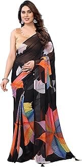 MOHIT CREATIONS Women's Party Wear Georgette Printed Border Ready To Wear Saree With Unstiched Blouse Piece