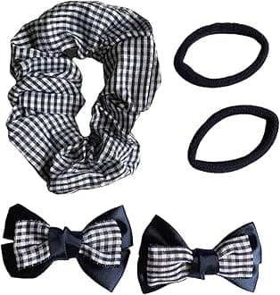 Gingham Hair Accessories for School Alice Band Slim Headband Scrunchy Clips (Navy Blue 5 piece Gingham School Hair Set)