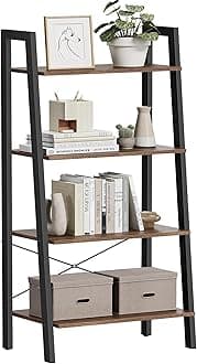 Ladder Shelf, 4-Tier Bookshelf, Storage Rack, Bookcase with Steel Frame, for Living Room, Home Office, Kitchen, Bedroom, Industrial Style, Hazelnut Brown and Black ULLS044B03