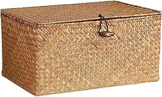 PYEBE Shelf Baskets Bin with Lid, Handwoven Seagrass Basket Storage Bins Rectangular Household Basket Boxes for Shelf Wardrobe Home Organizer (Caramel, Small)