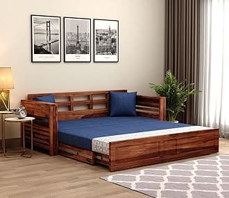 NATRAJ ART & CRAFT Sheesham Wood Foster 3 Seater Sofa Cum Bed for Living Room Three Seater Sofa Bed for Home Sofa Com Bed Sheesham Wood | 7 Year Warranty (Honey Iris Blue)