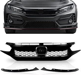PartsFlow Front Bumper Grille FK8 T-R Style Grill Glossy Black With Trim For 2016 2017 2018 2019 2020 Honda Civic