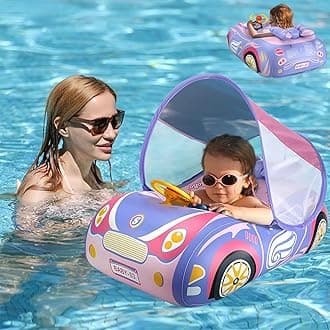 3D Car Thick PVC Inflatable Baby Swim Pool Float with Sun Shade Cover and Steering Wheel - Age 1-4 Years Old
