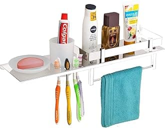 GOSAI Bathroom Accessories Stainless Steel Bathroom Shelf with Soap Holder | Toothbrush Holder and Towel Ring Multipurpose Wall Shelves 18x5 inch