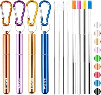 Cruise Ship Essentials,4-Pack reusable Collapsible Stainless Steel Drinking Straws with Aluminum Case,Cleaning Brush,and Keychains (Gold & purple & orange & blue)