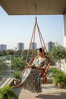 Patiofy Adult Swing - D Shape Cotton Swing Chair for Home & Living Room - Includes Hanging Kit & Red Cushion (Brown) - 61cm x 64cm x 2.5cm