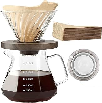 Pour Over Coffee Maker, 20 oz Borosilicate Glass Carafe with 100 pcs V60 Paper Filter by Gsform, Walnut Handle & Glass Lid, Drip Coffee Maker for Home Café Restaurant Camping, 600 ml, Clear