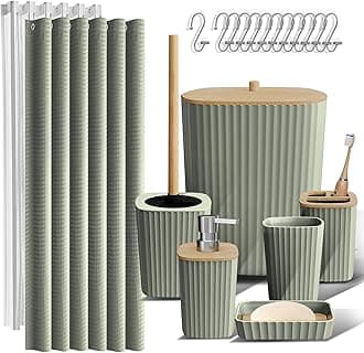 Clara Clark Bathroom Accessories Set - Sage Green Bathroom Set, 20PC Bathroom Accessory Set, Shower Curtain Set, Toilet Brush, Trash Can & Soap Dispenser