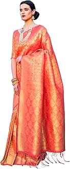 Akhilam Women's Banarasi Silk Saree With Blouse Piece (Kanjivaram Silk Saree Kmbh123001_Orange)