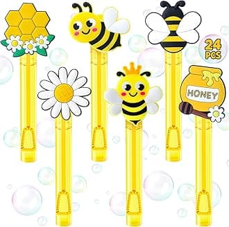 Bee Party Favors, 24Pcs Bee Themed Mini Bubble Wands for Kids Bubbles Bulk with Detachable Topper (6 Styles & Colors), Birthday Gift Easter Goody Bag Stuffer Classroom Prizes Honey Party Favor