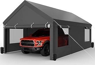 JAMFLY Carport, 12x20 ft Heavy Duty Carport with Roll-up Windows, Portable Garage with Removable Sidewalls & Doors, Car Canopy with Sandbags and All-Season Tarp for Car Boat Truck Motorcycle
