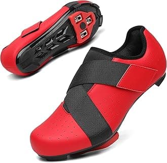 VikoVirenUnisex Cycling Shoes Compatible with Peloton Bike with Single Hook & Loop Strap and Delta Cleats Included Perfect for Indoor Road Riding Bike Shoes for Men Women, red 10